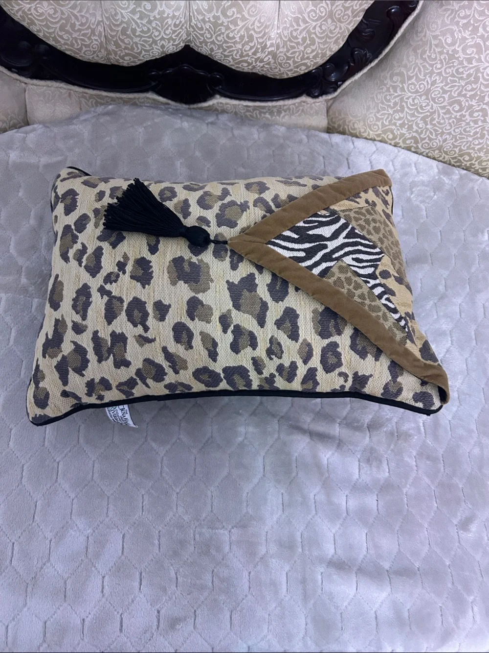 Animal-Print Accent Pillow with Black Tassel - Brown/Cream